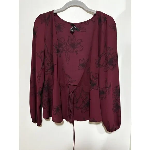 Forever 21 Wine Floral Tie Front Blouse S Fairy Grunge Romantic Witchy Aesthetic - Picture 7 of 10